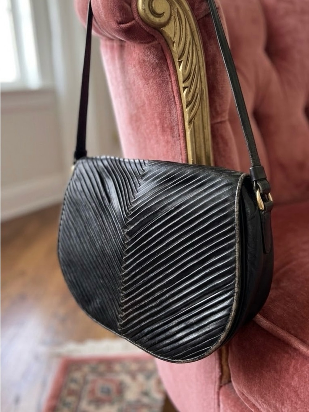 Woven chevron Black Leather Saddle Shoulder Bag